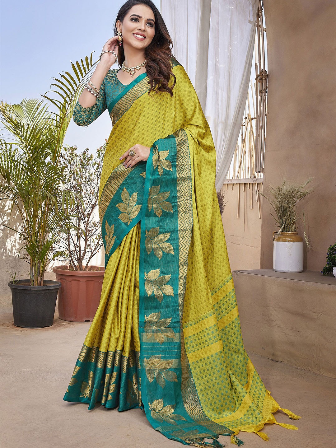 

KALINI Woven Design Zari Silk Blend Chanderi Saree, Yellow