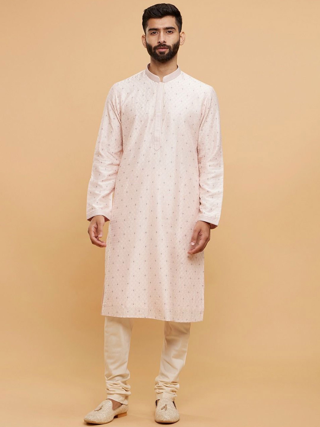 

Twamev Men Embroidered Regular Thread Work Kurta with Churidar, Peach