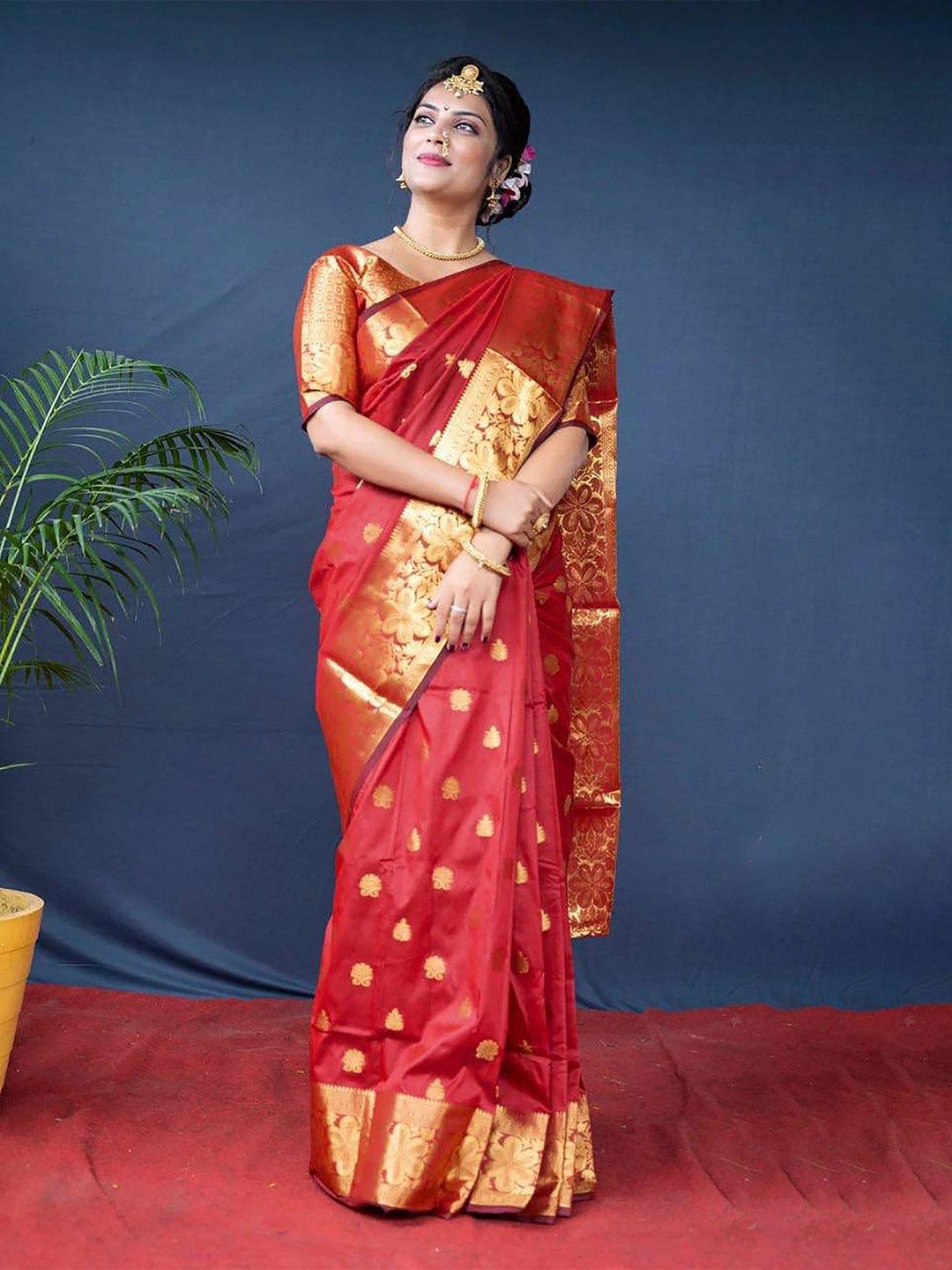 

Anjaneya Sarees Woven Design Zari Silk Blend Banarasi Saree, Red