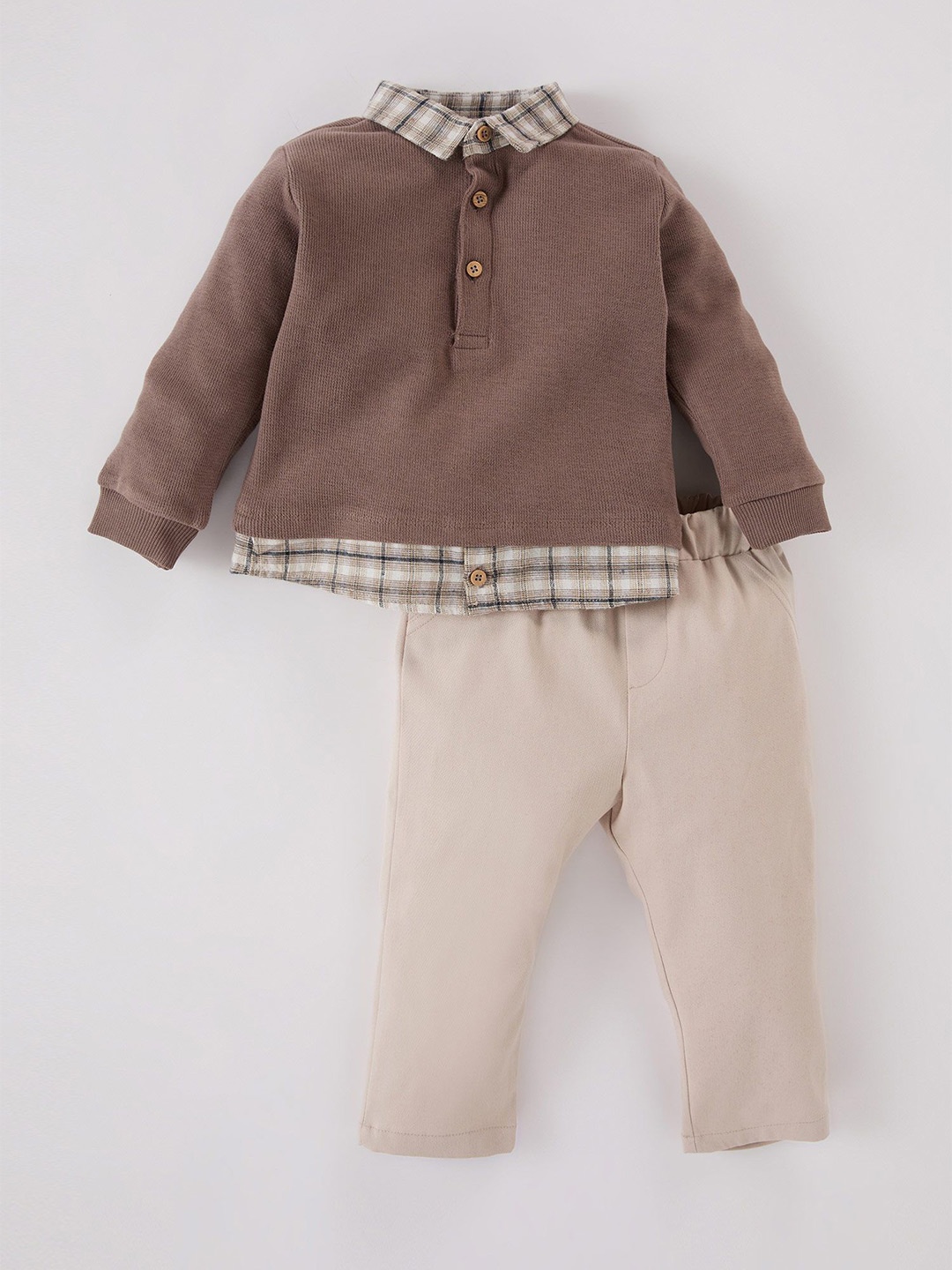 

DeFacto Boys Checked Shirt with Trousers, Brown