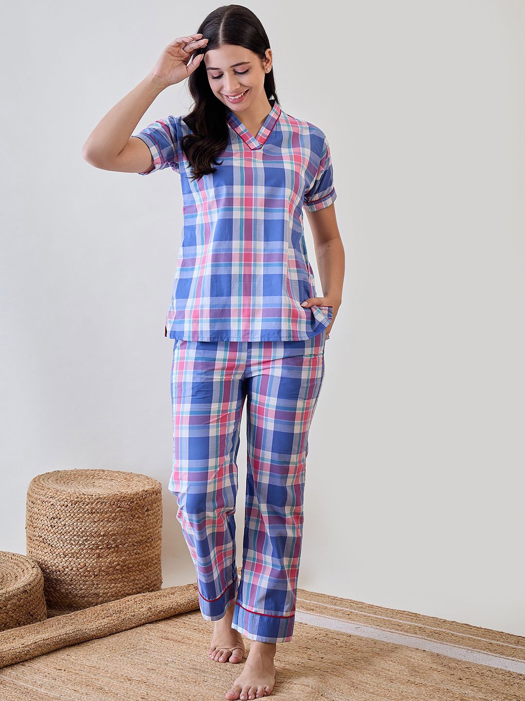 

The Kaftan Company Women Pure Cotton Checked Short Sleeves Night suit, Blue