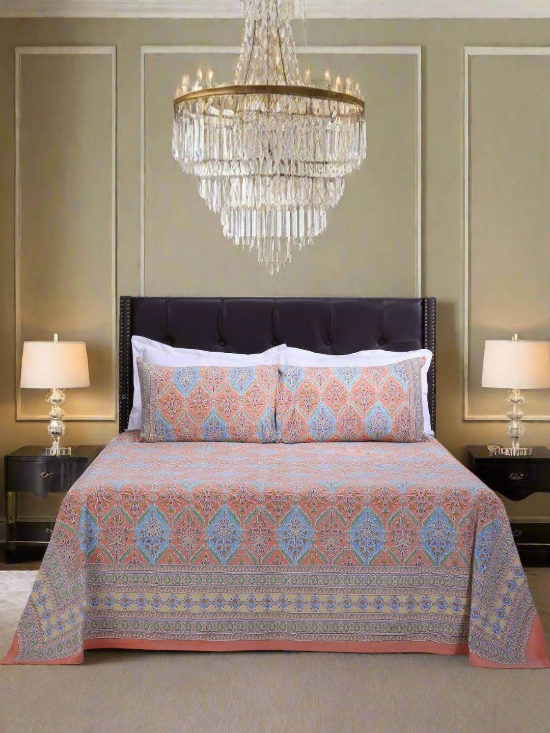 

SHAHENAZ 180TC Kalindi Jaal Orange Cotton Luxury Queen Bedsheet with Two Pillow Covers