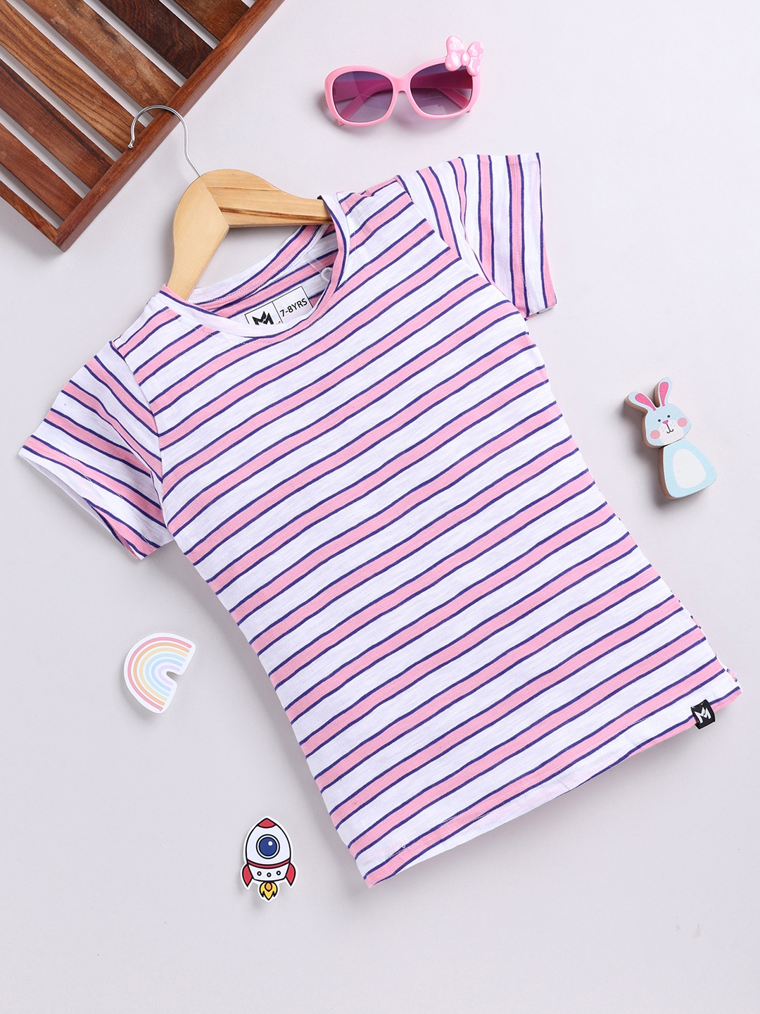 

YK X Minute Mirth Girls Striped Pure Cotton T-shirt, Pink