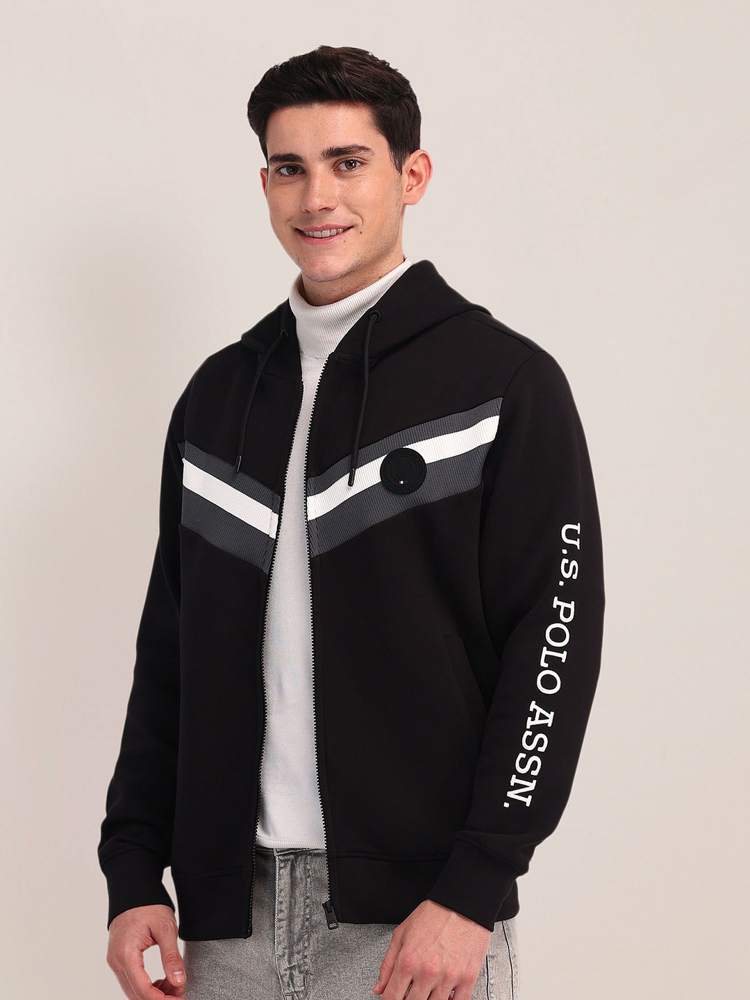 

U.S. Polo Assn. Men Colourblocked Hooded Sweatshirt, Black