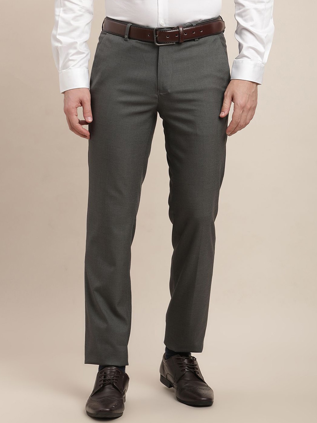 

Turtle Men Checked Tailored Slim Fit Formal Trousers, Grey