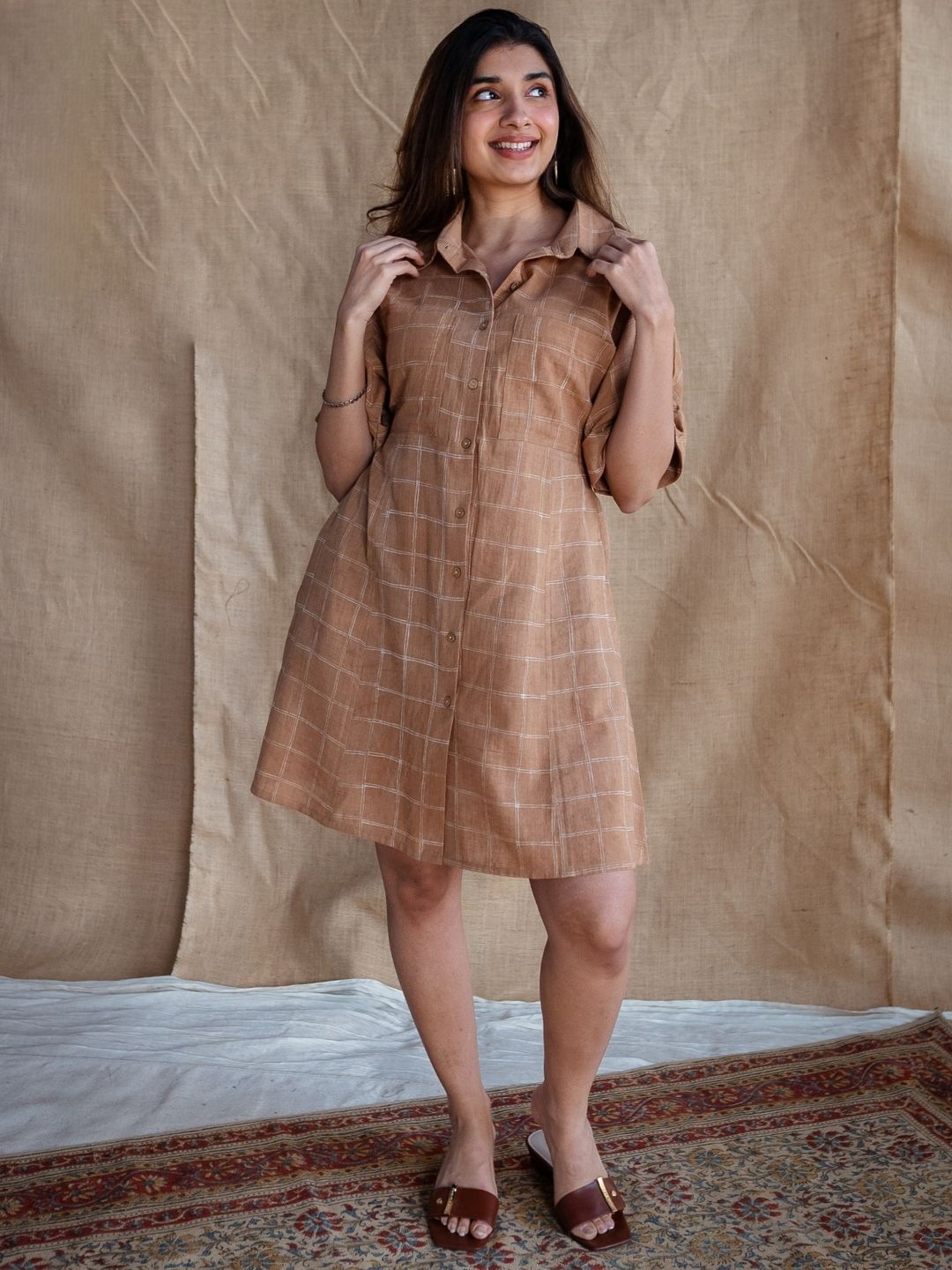 

THE INDIAN ETHNIC CO Print A-Line Mini Dress, Brown