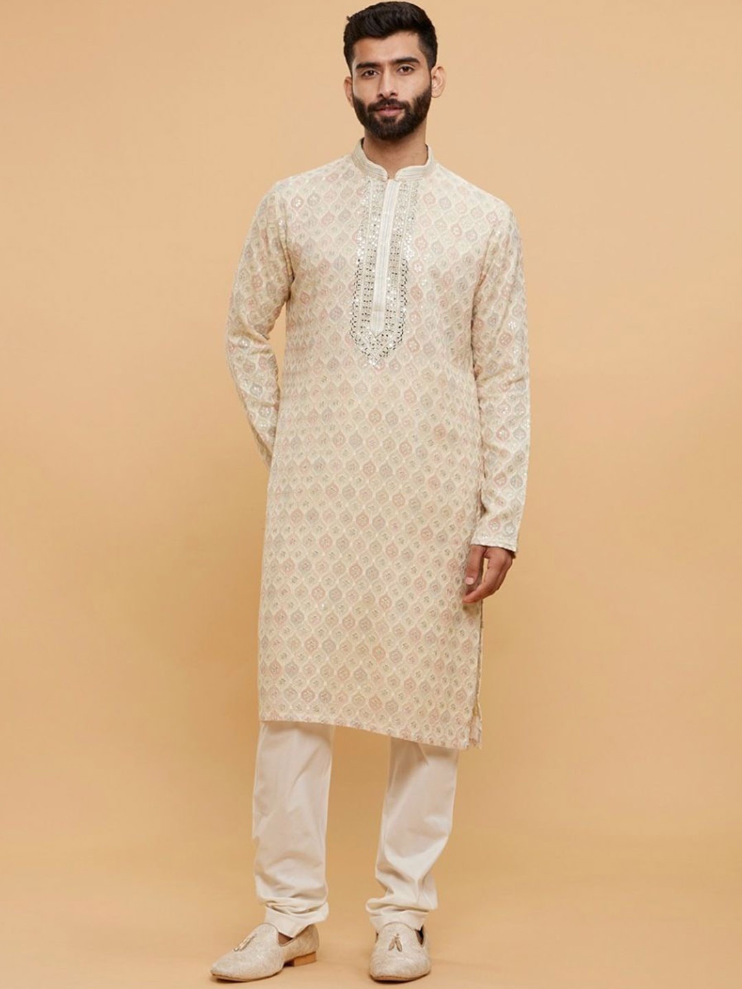 

Twamev Men Embroidered Regular Mirror Work Kurta with Churidar, Beige