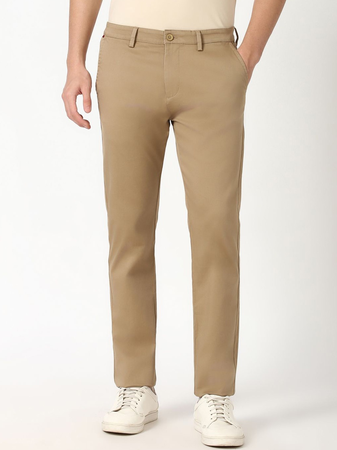 

Peter England Casuals Men Mid-Rise Slim Fit Trousers, Khaki