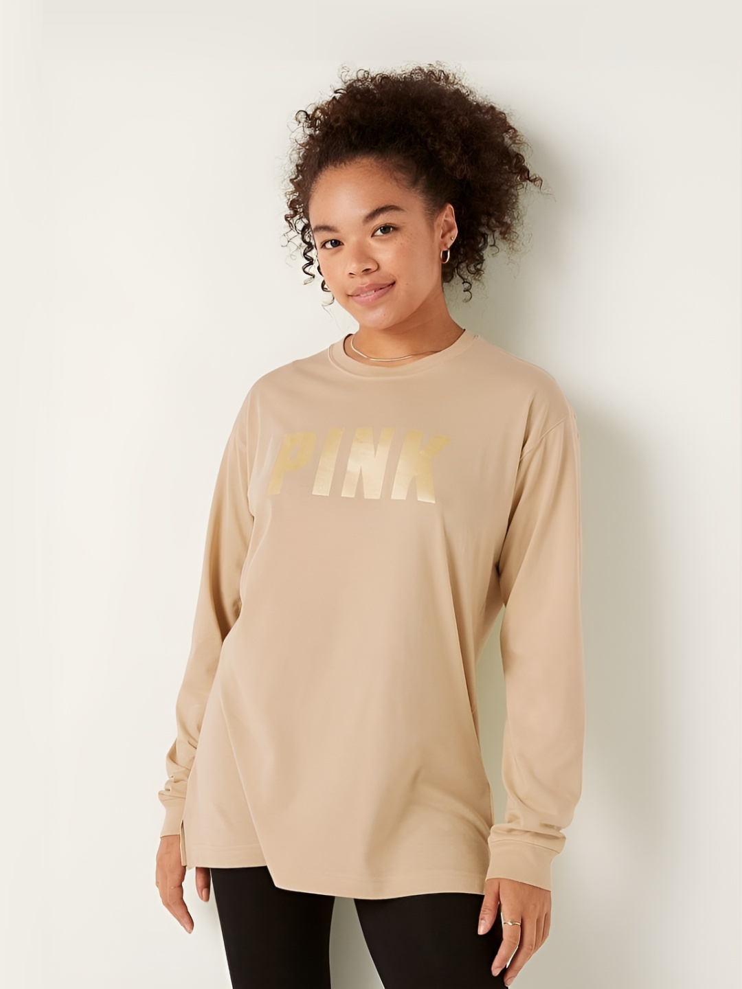 

Victoria's Secret Women Typography Printed Round Neck Cotton T-shirt, Beige