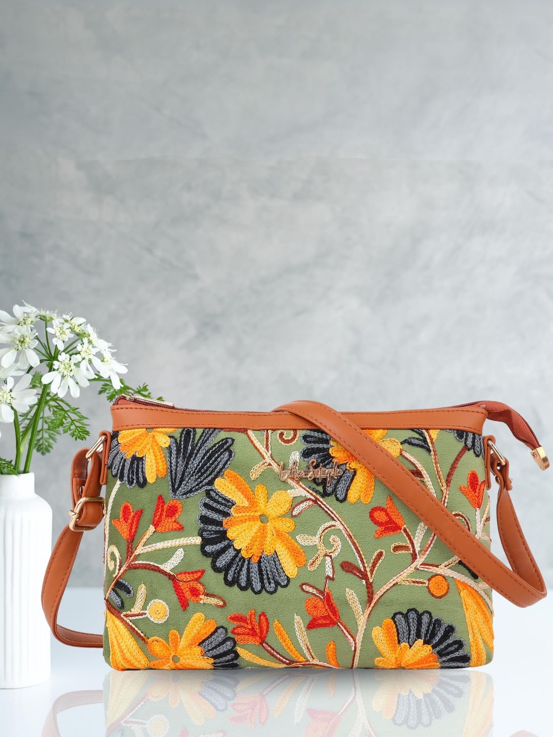 

LIKE STYLE Floral Textured Half Moon Sling Bag, Lime green