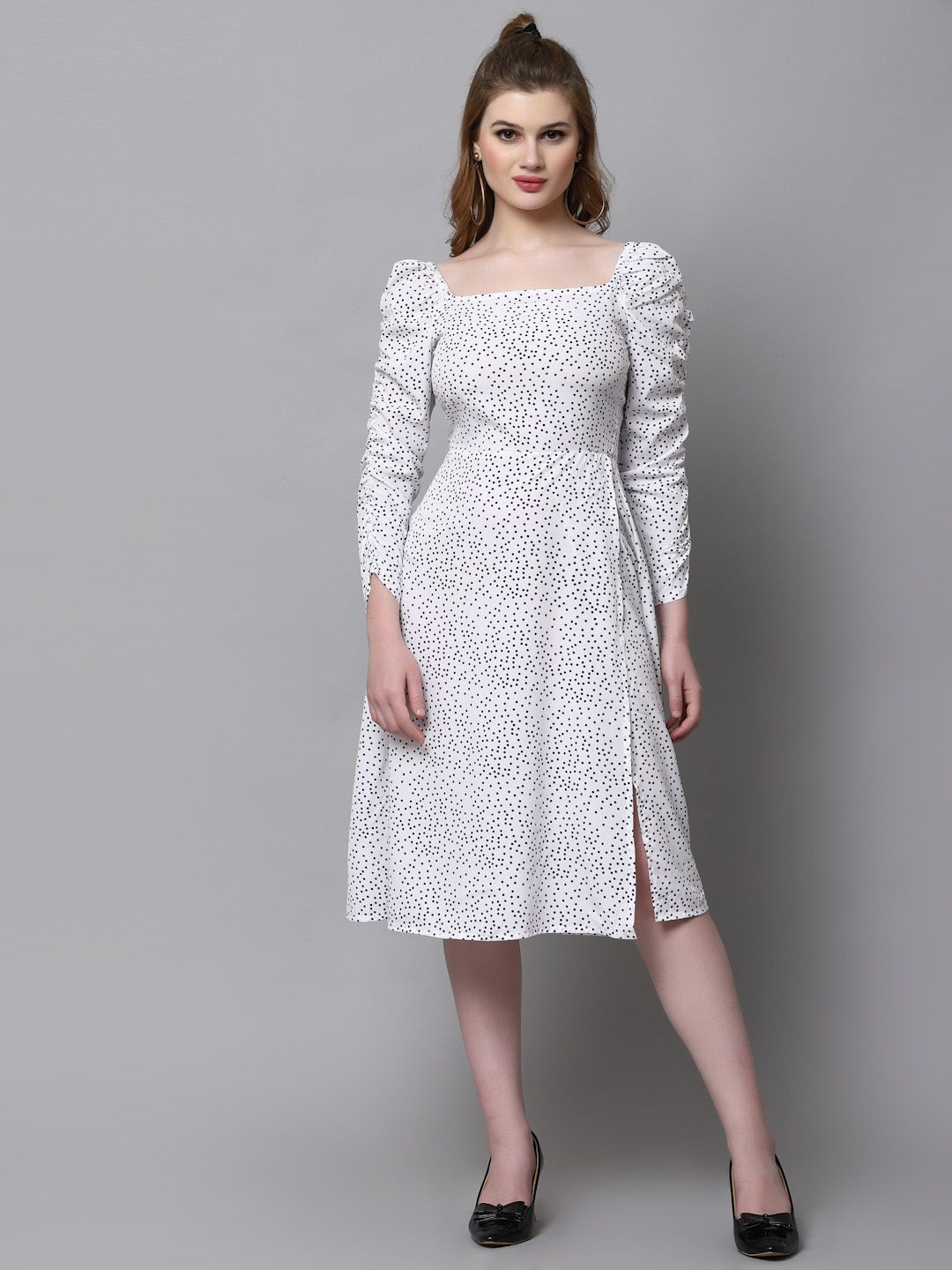 

aayu Women Polka Dot Print A-Line Midi Dress, White