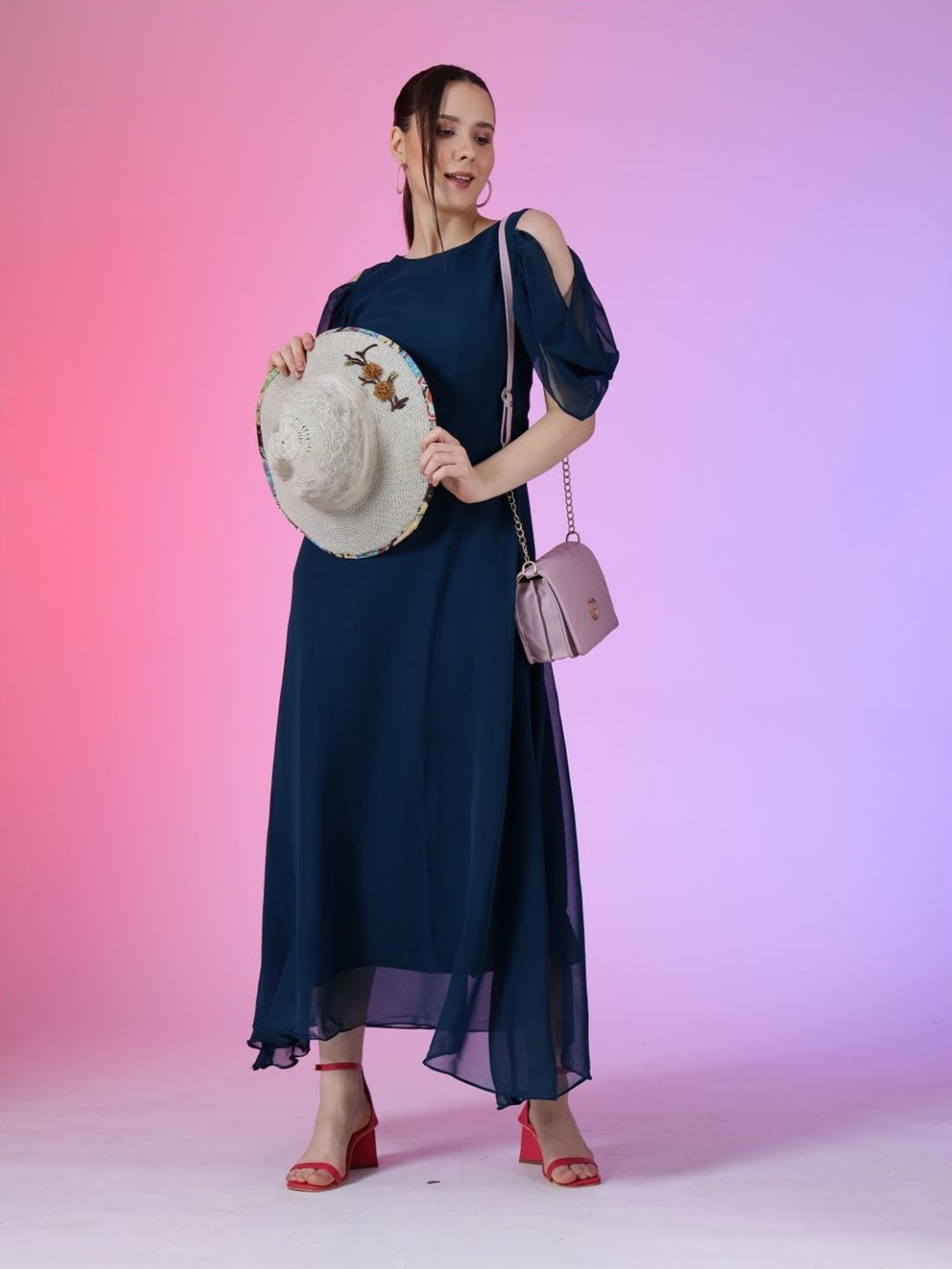 

Krunal Raiyani Round Neck Georgette Fit & Flare Maxi Dress, Navy blue