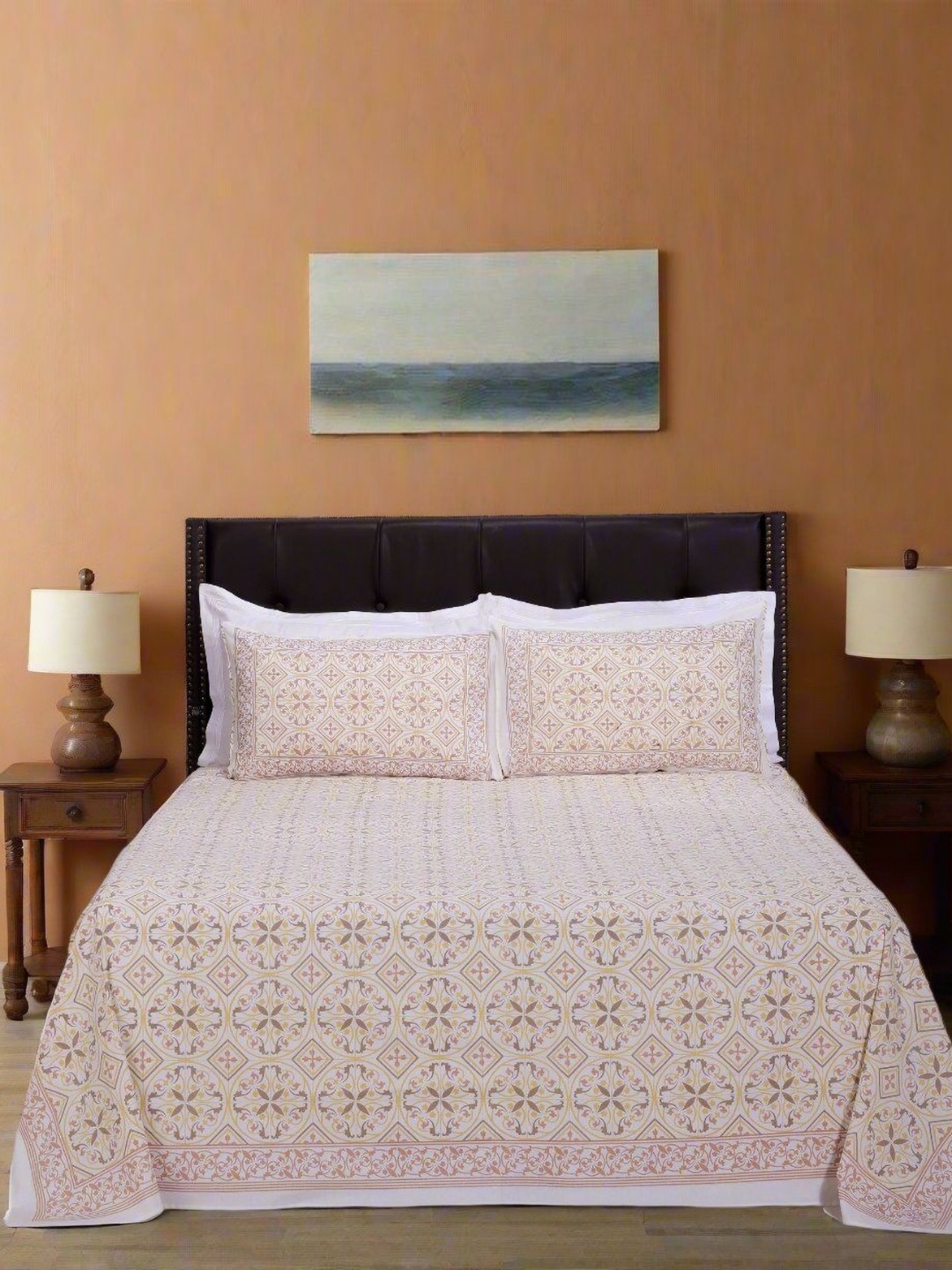 

SHAHENAZ Beige & Brown Floral Cotton 120 TC Double Queen Bedsheet with 2 Pillow Covers