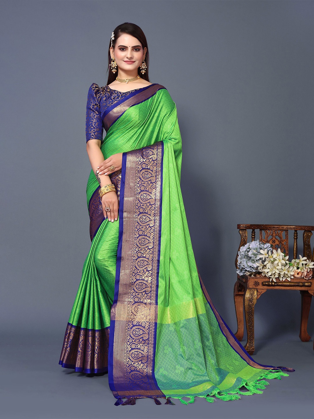

Aldwych Woven Design Zari Silk Blend Chanderi Saree, Green