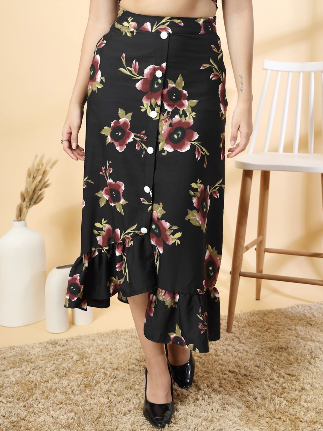 

Oomph! Printed Flared Midi Skirt, Black