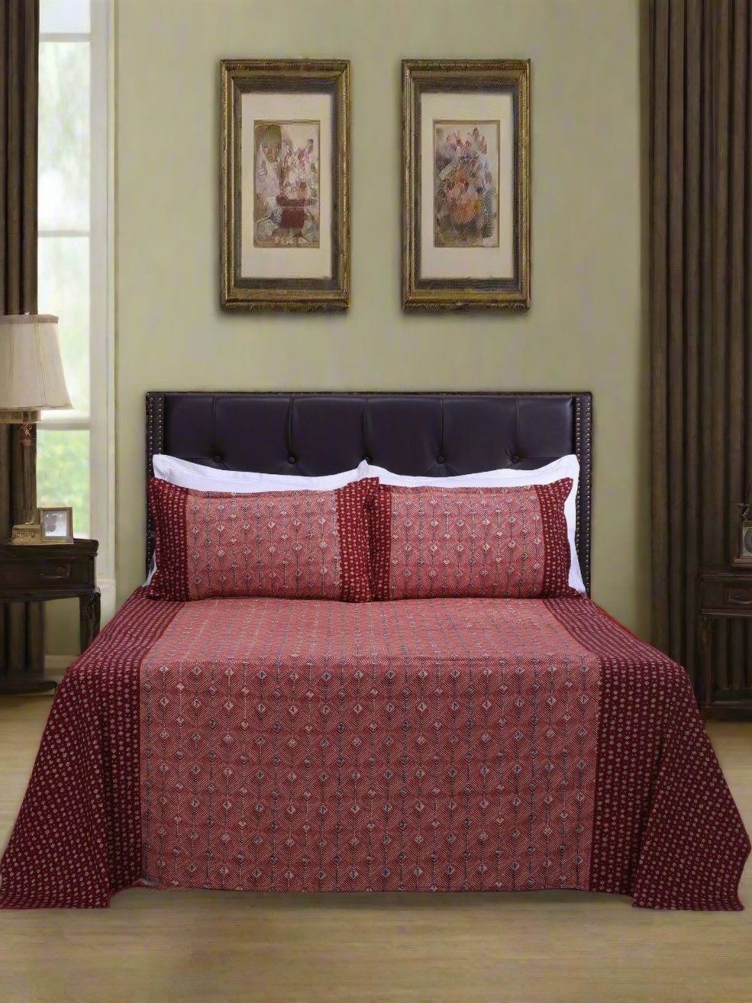 

SHAHENAZ Red & White Floral Cotton 120 TC Queen Bedsheet with 2 Pillow Covers