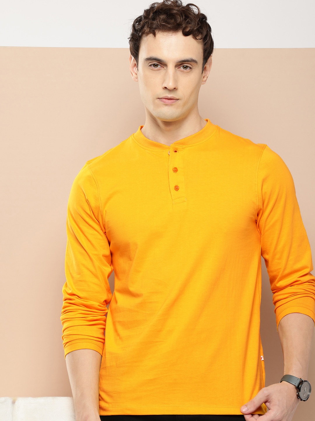 

INVICTUS Pure Cotton Henley Neck T-shirt, Orange