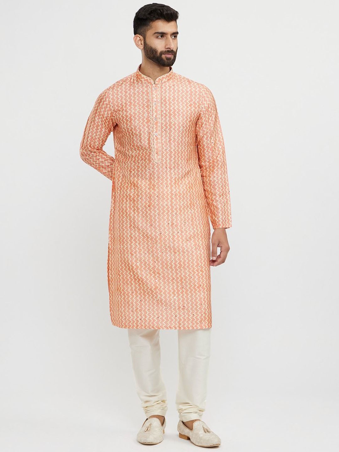

Twamev Men Embroidered Regular Mirror Work Kurta with Churidar, Peach