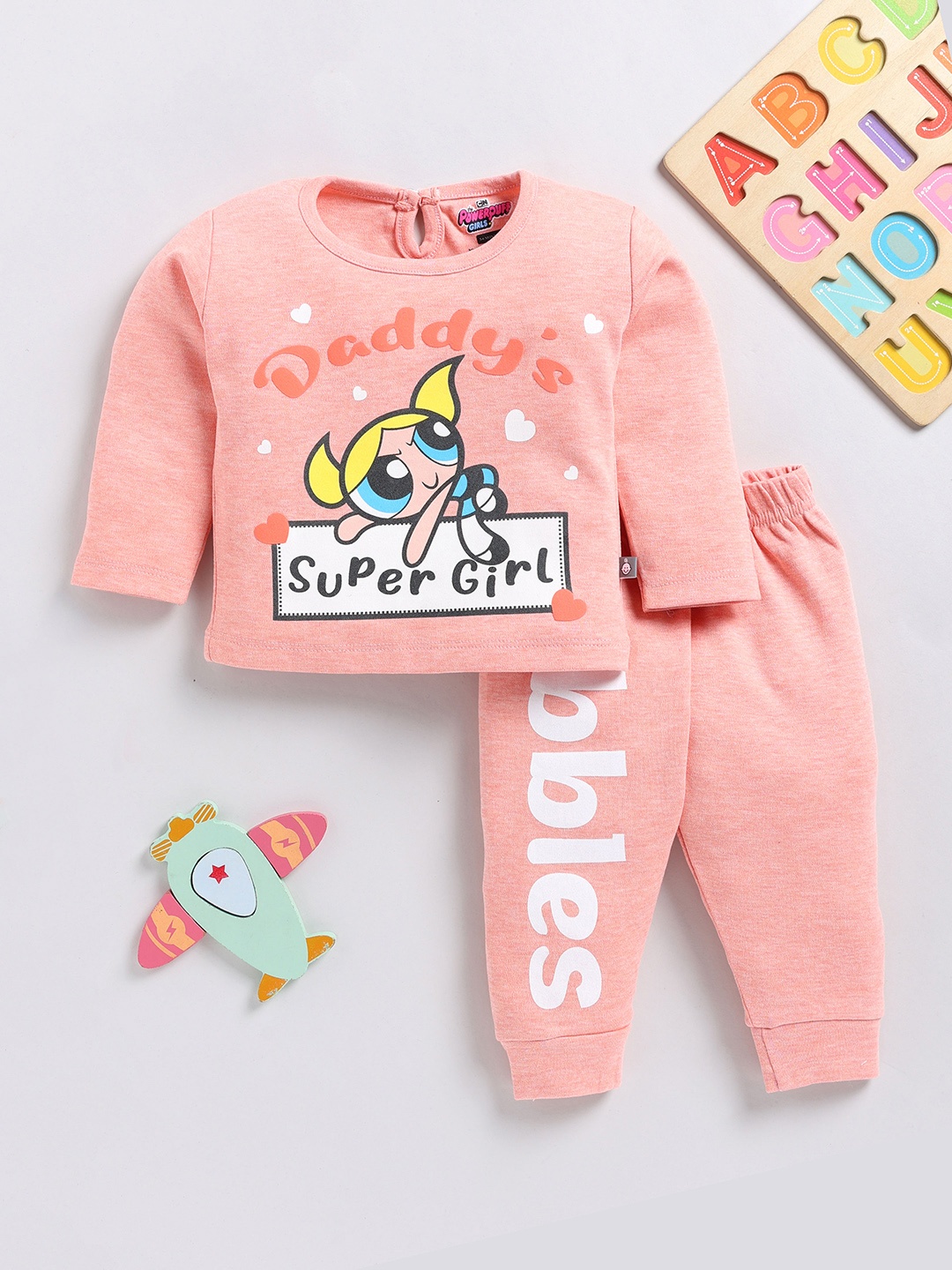 

YK X Tinyo Infant Girls Powerpuff G Printed Pure Cotton Top with Joggers, Peach