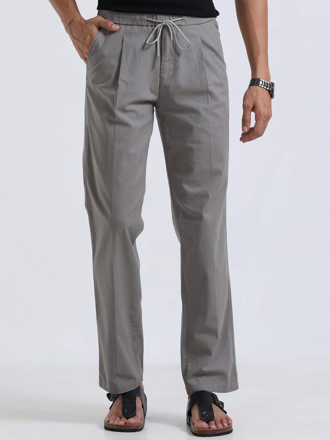 

NEVER NEUD Men Relaxed Straight Fit Lazy Linen Pleated Trousers, Grey