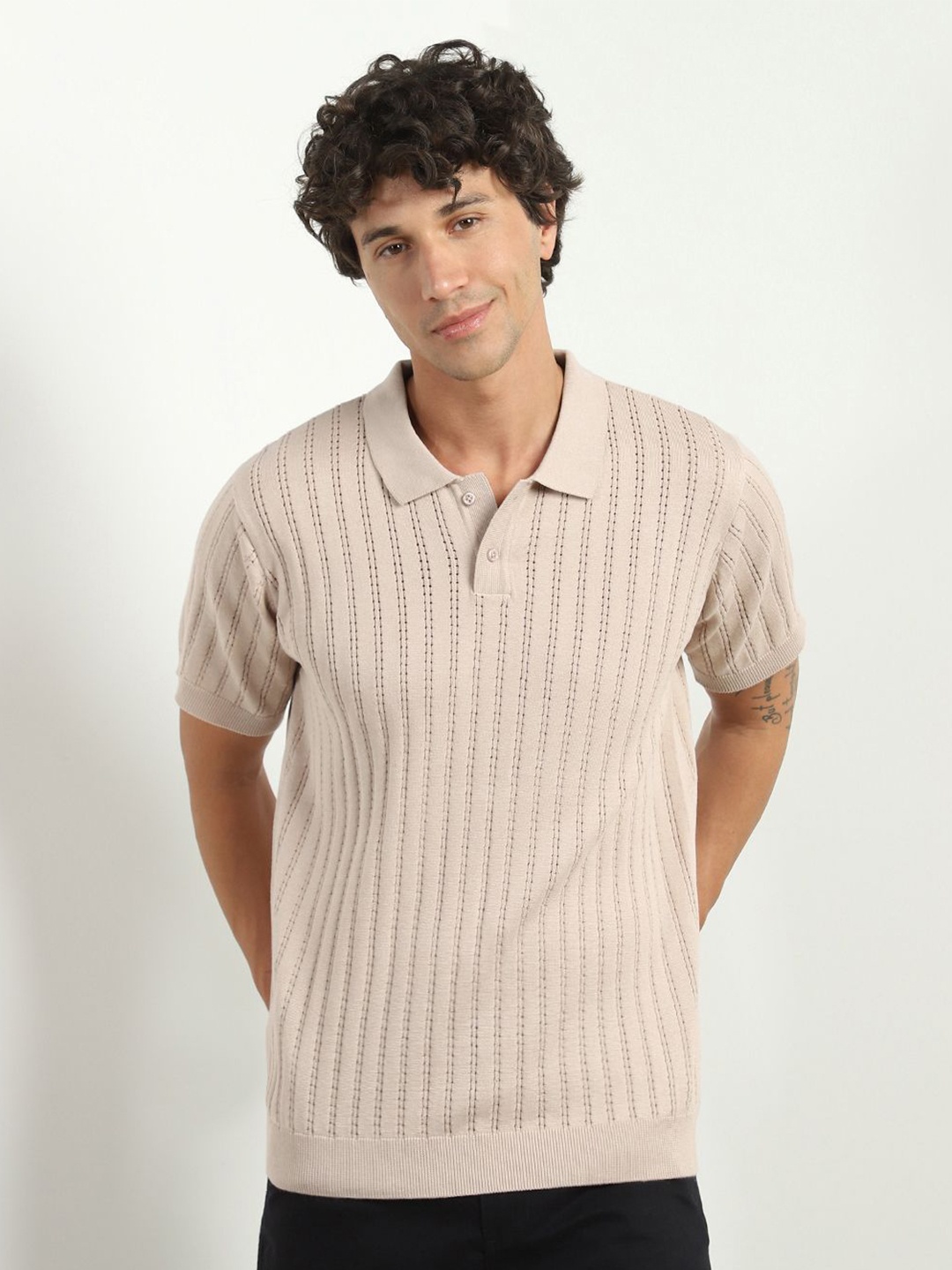 

NOBERO Men Textured Self Design Polo Collar T-shirt, Beige
