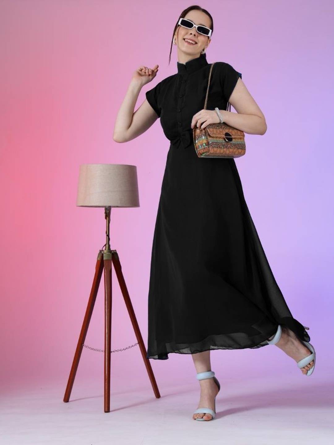 

Femvy Georgette Fit & Flare MIdi Dress, Black