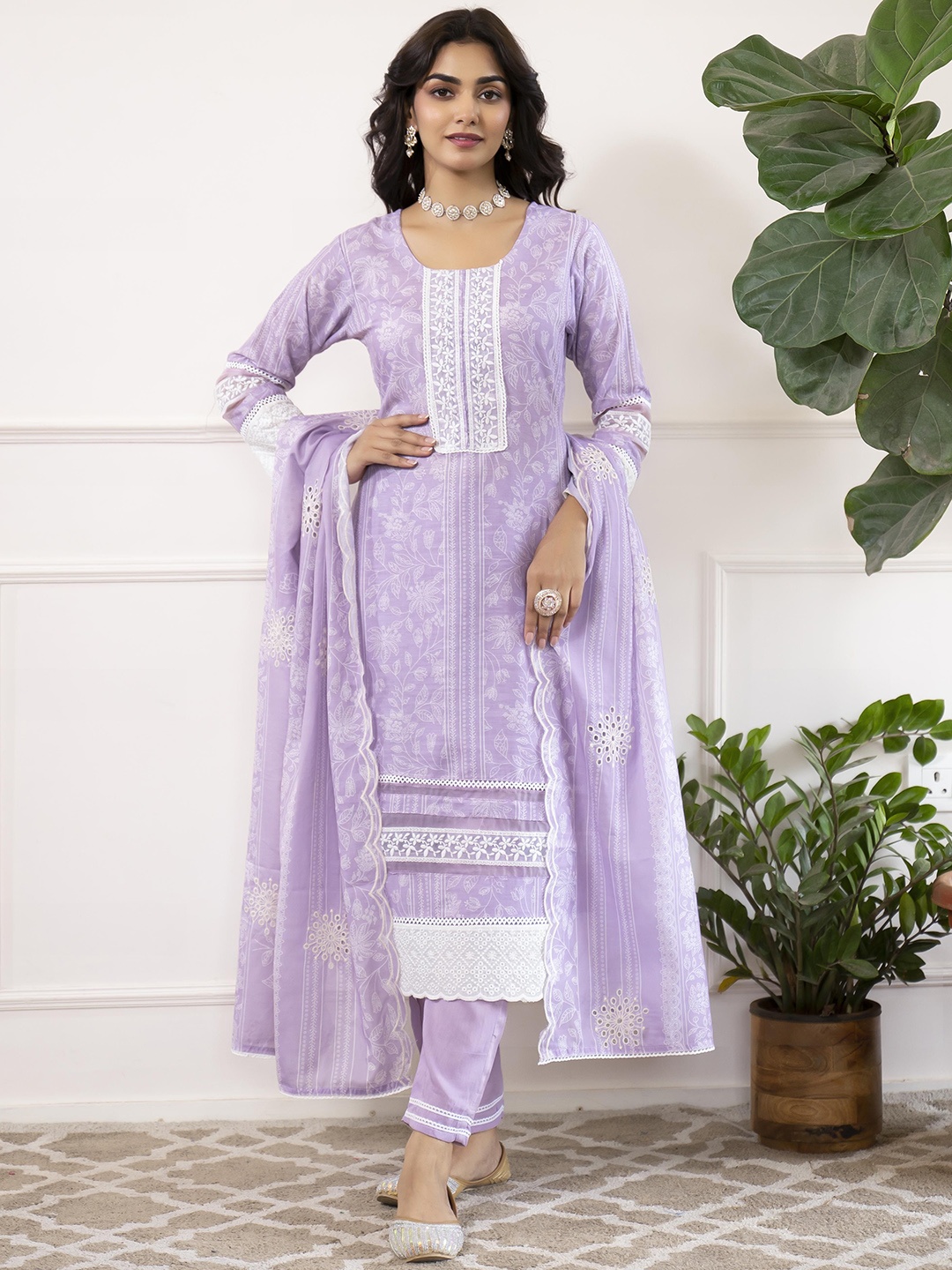 

Anouk Women Floral Printed Regular Thread Work Kurta with Trousers & With Dupatta, Purple