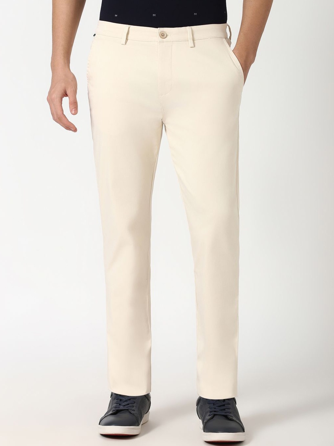 

Peter England Casuals Men Super Slim Fit Mid Rise Trousers, Cream