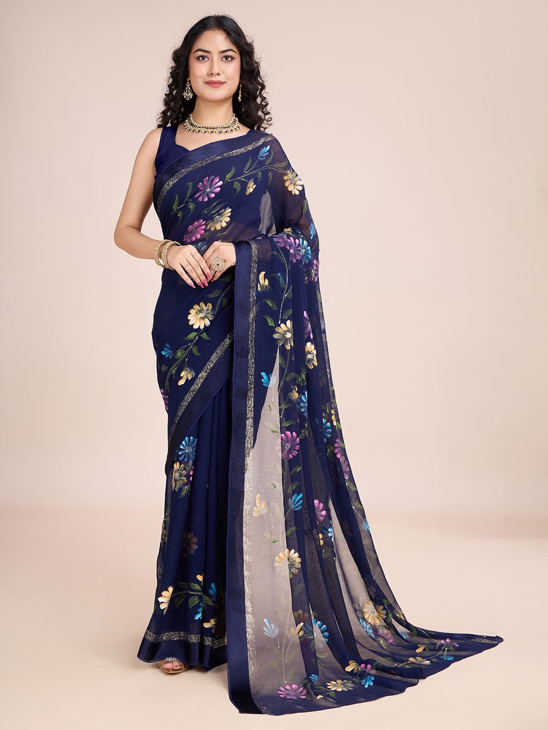 

Avojee Floral Zari Pure Georgette Saree, Blue