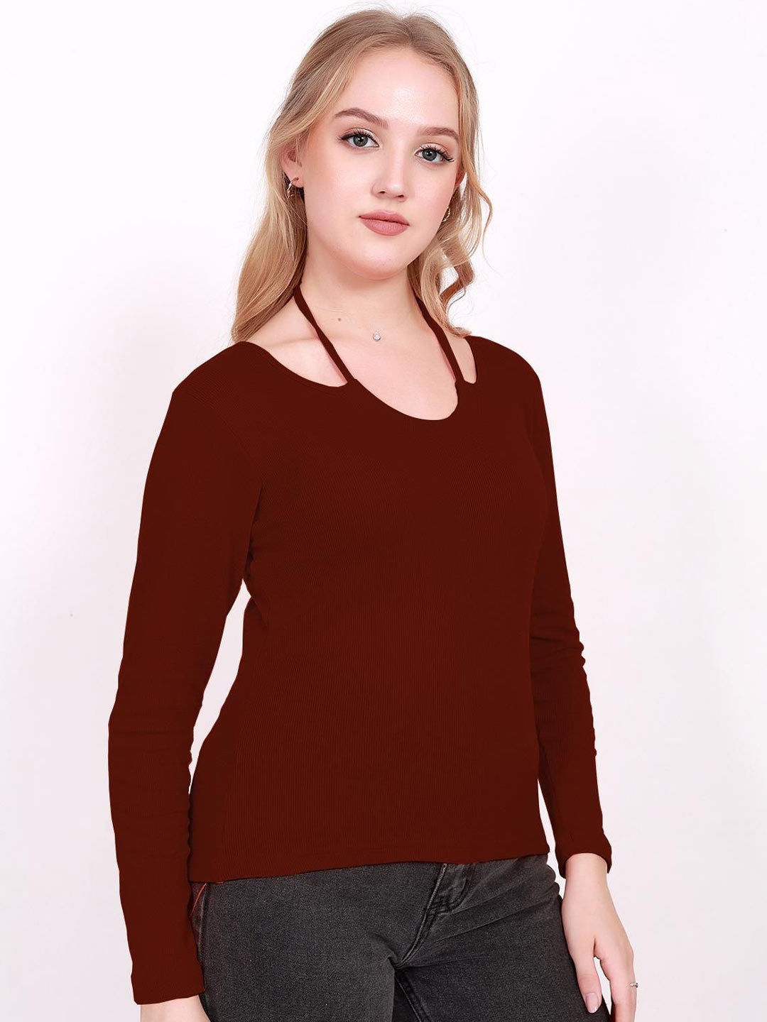 

BAESD Women Solid Round Neck Top, Maroon