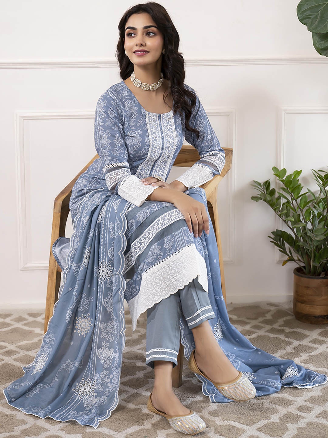 

Anouk Women Floral Printed Regular Thread Work Kurta with Trousers & With Dupatta, Blue