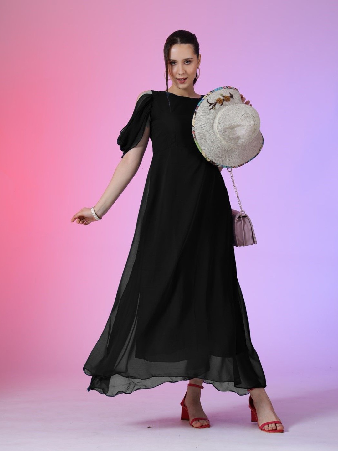 

Femvy Women Cold-Shoulder Sleeves Fit & Flare Maxi Dress, Black