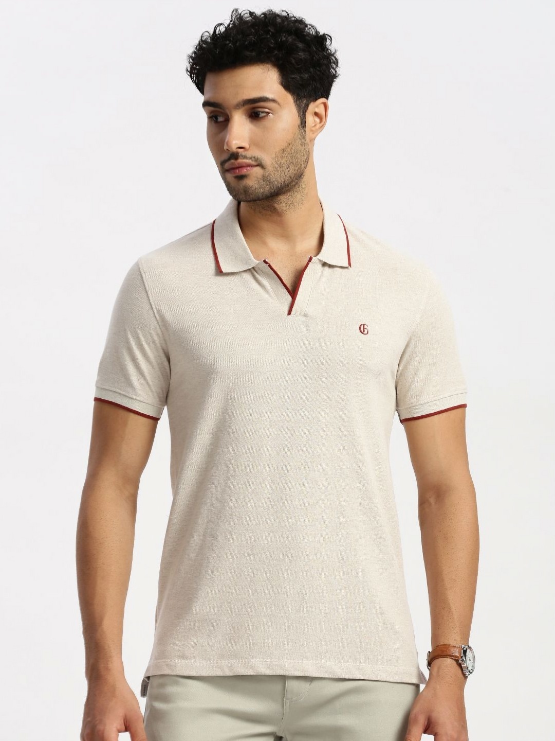 

Grit and Flair Men Polo Collar T-shirt, Cream