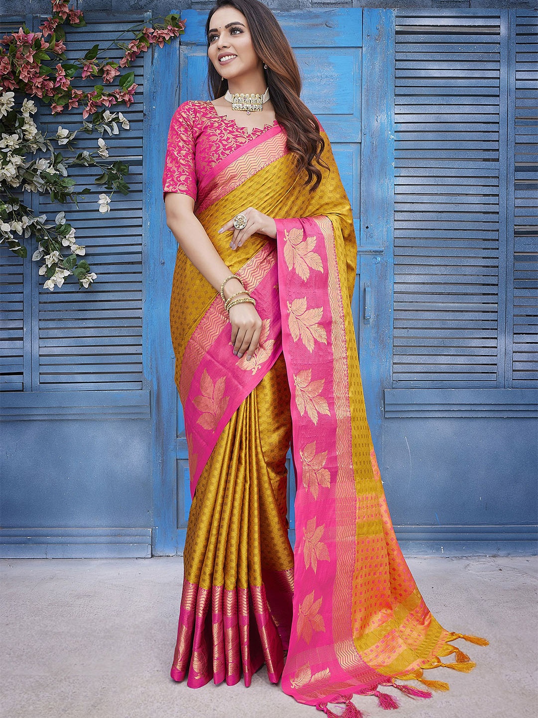 

KALINI Woven Design Silk Blend Chanderi Saree, Mustard