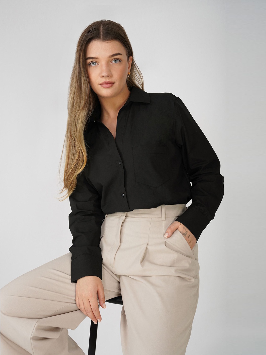 

Street22 Women Classic Spread Collar Solid Cotton Relaxed Fit Formal Shirt, Black