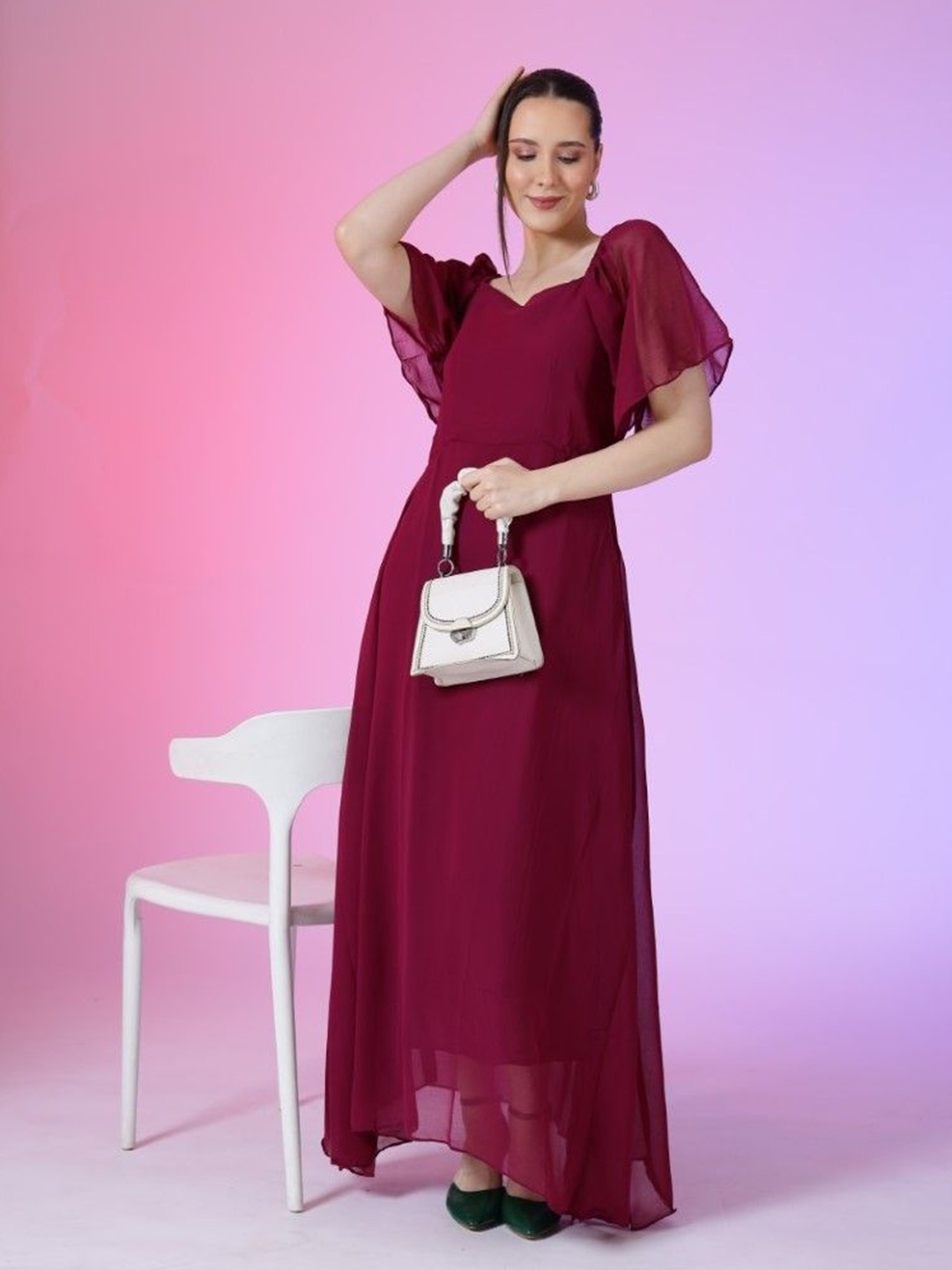 

Femvy Women Flared Sleeve Fit & Flare Maxi Dress, Magenta