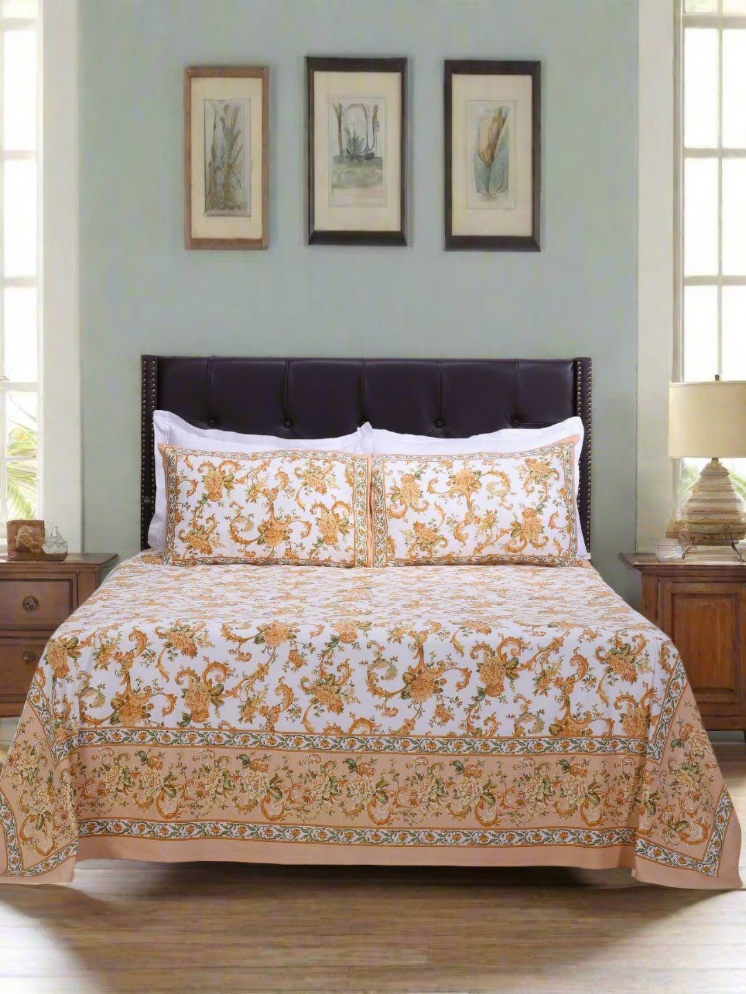 

SHAHENAZ Mustard & White Floral 120 TC Queen Bedsheet with 2 Pillow Covers