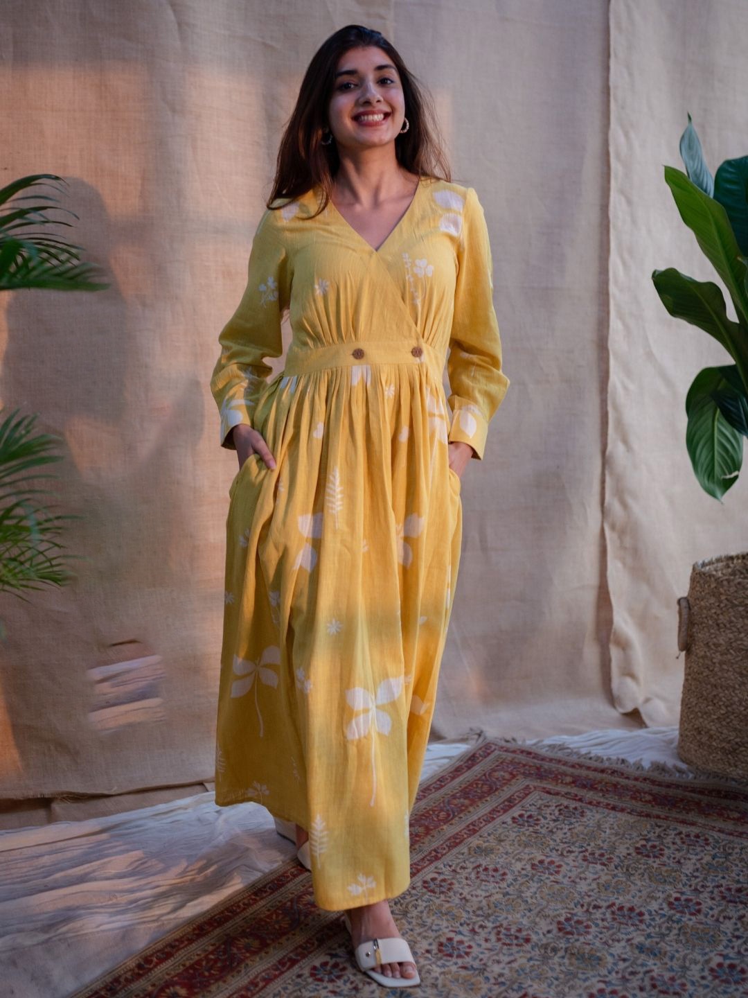 

THE INDIAN ETHNIC CO Floral Print A-Line Maxi Dress, Yellow