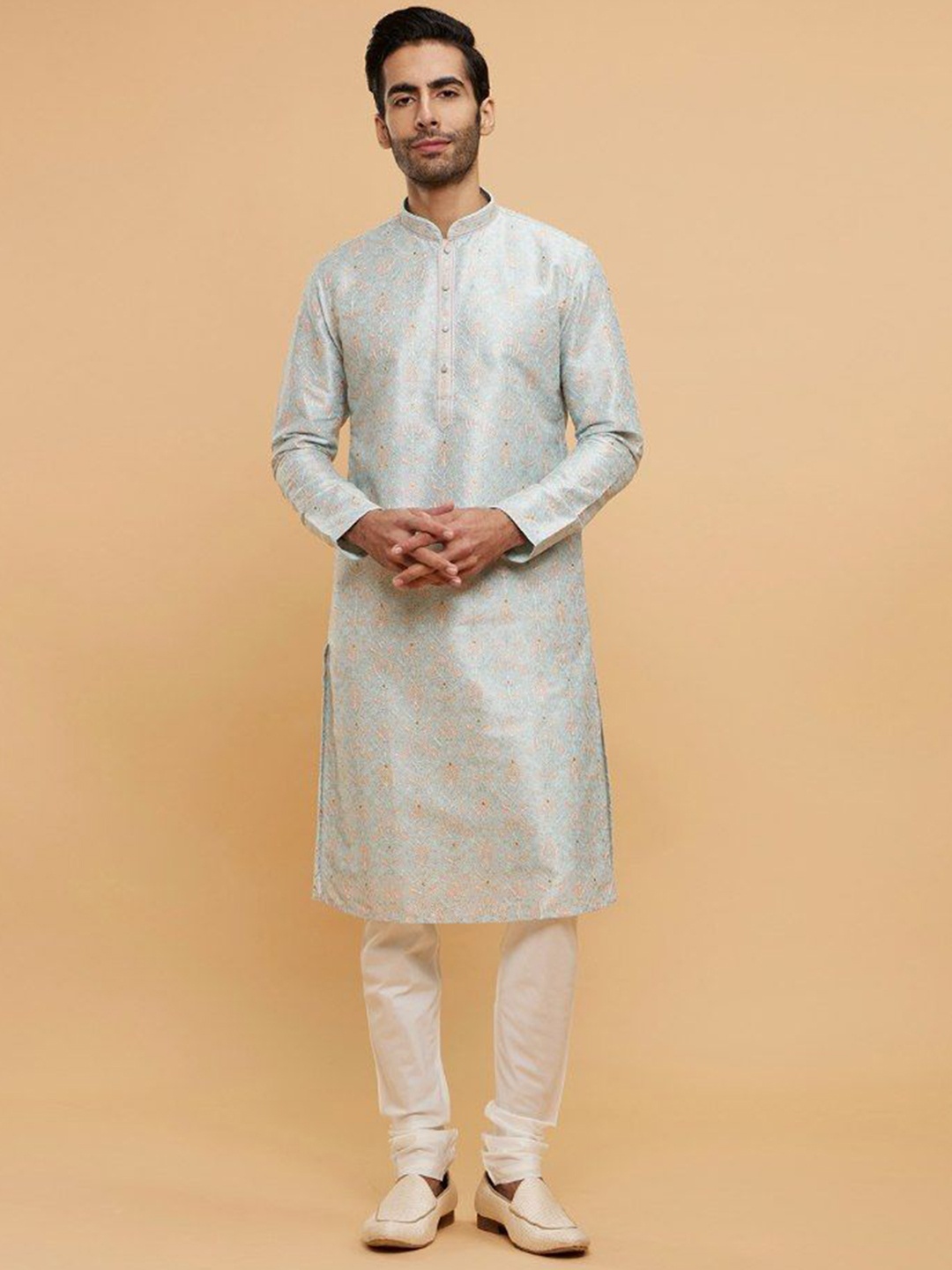 

Twamev Men Floral Embroidered Regular Thread Work Kurta with Churidar, Blue