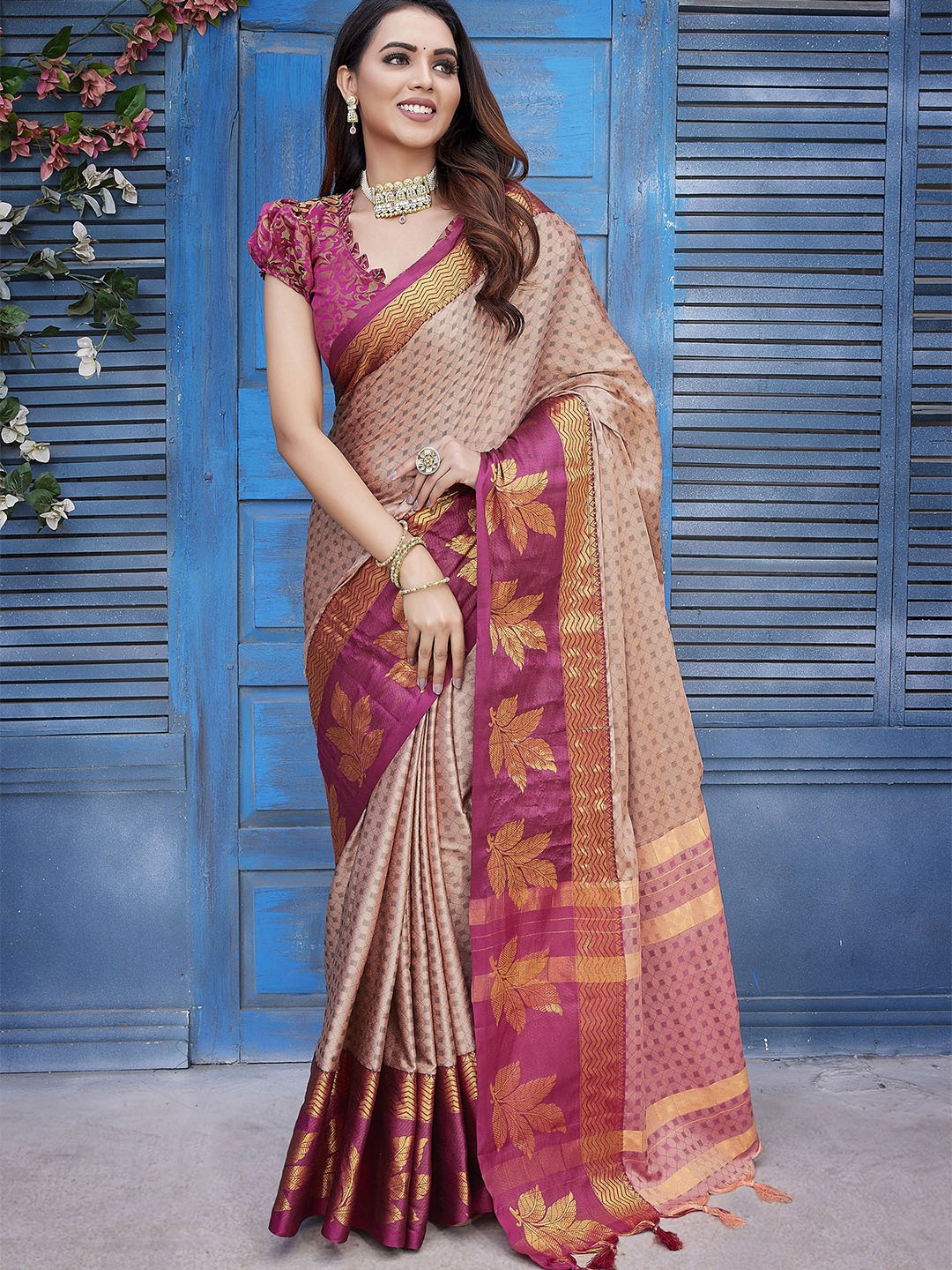 

KALINI Woven Design Silk Blend Chanderi Saree, Cream