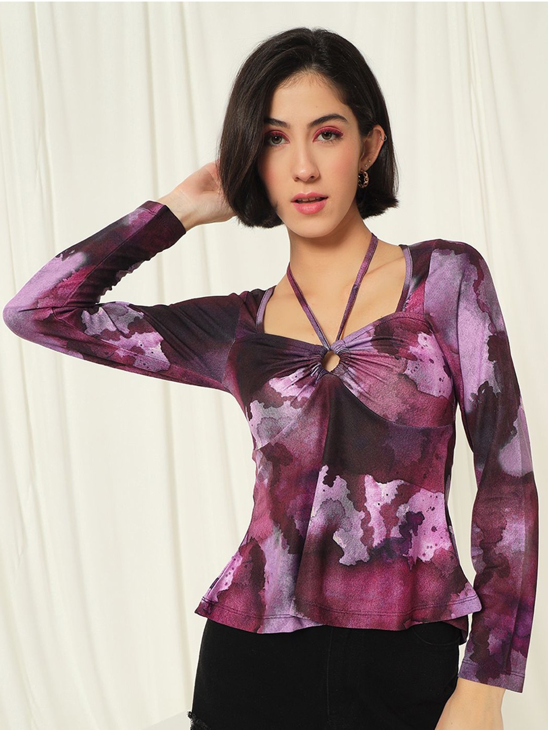 

TANDUL Floral Print Peplum Top, Purple