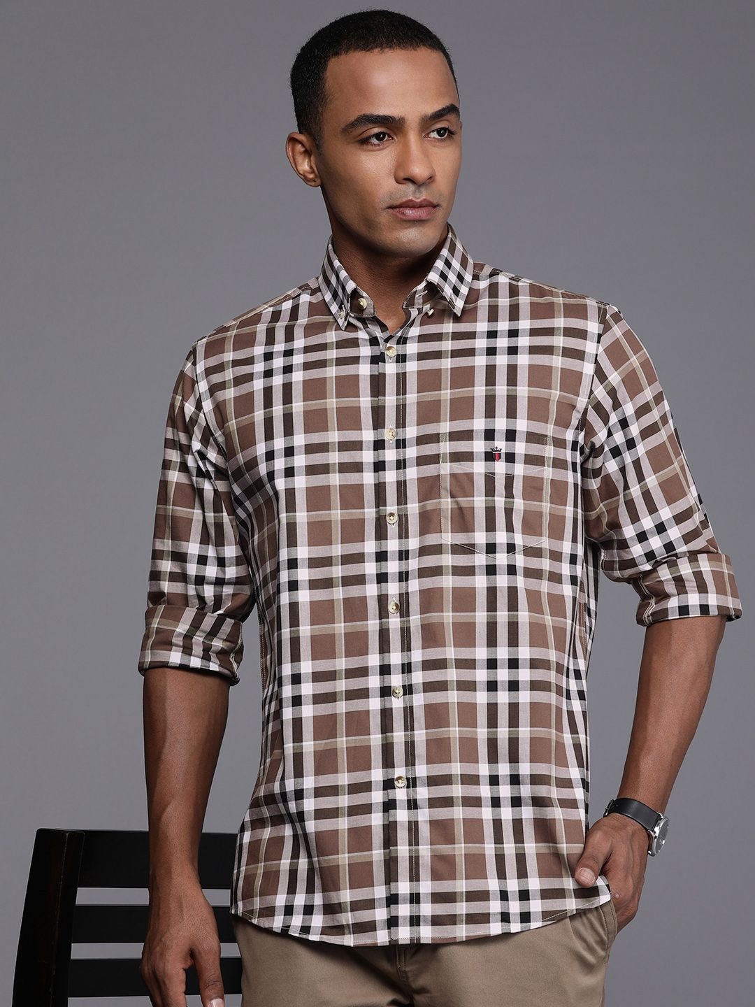 

Louis Philippe Sport Pure Cotton Slim Fit Checked Casual Shirt, Brown