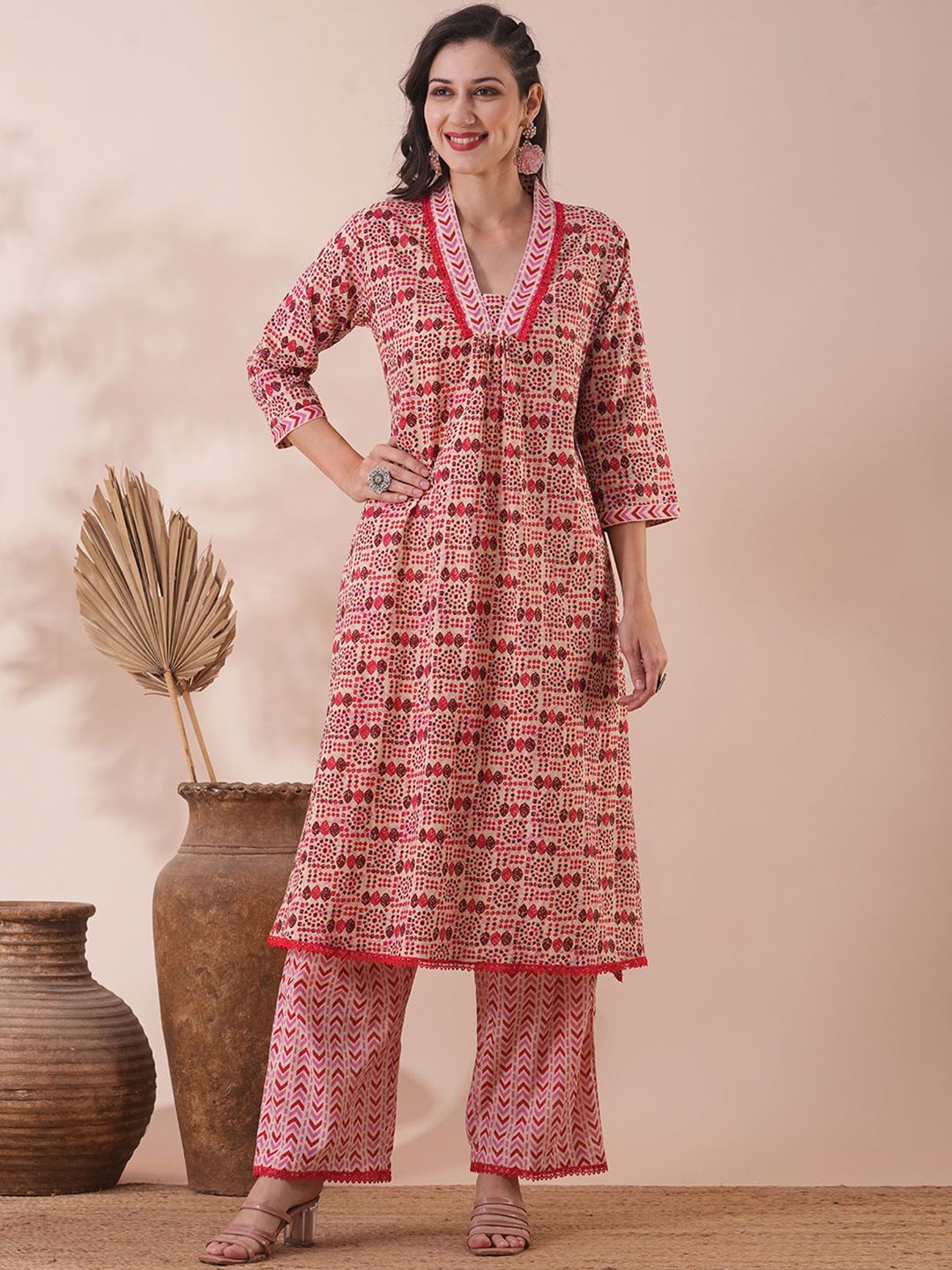 

FASHOR Women Ethnic Motifs Printed Pleated Pure Cotton Kurta with Palazzos, Pink