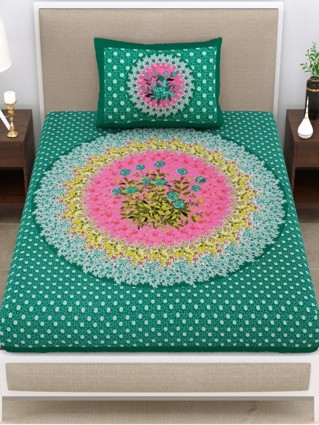 

Aura Sea Green & Pink Floral 120 TC Single Bedsheet with 1 Pillow Covers