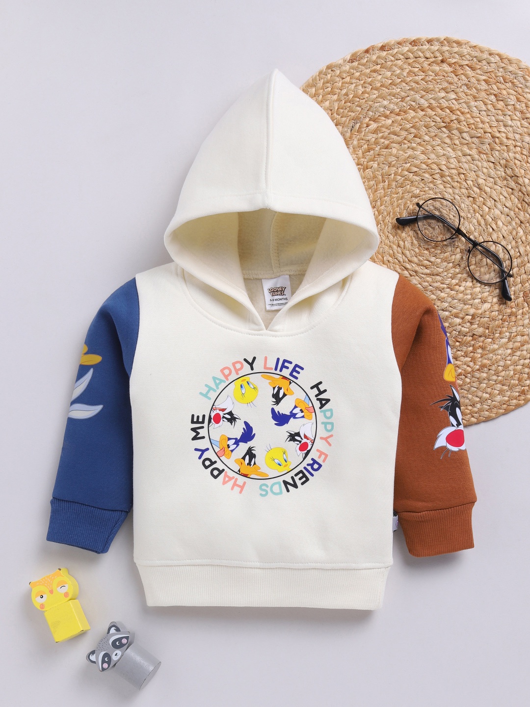 

YK X Tinyo Infant Boys Looney Tunes Printed Fleece Hooded Sweatshirt, Cream