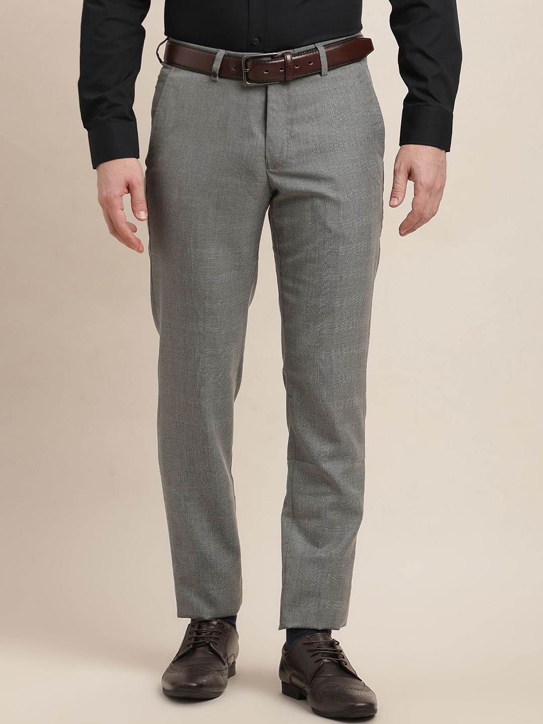 

Turtle Men Checked Tailored Regular Fit Formal Trousers, Grey