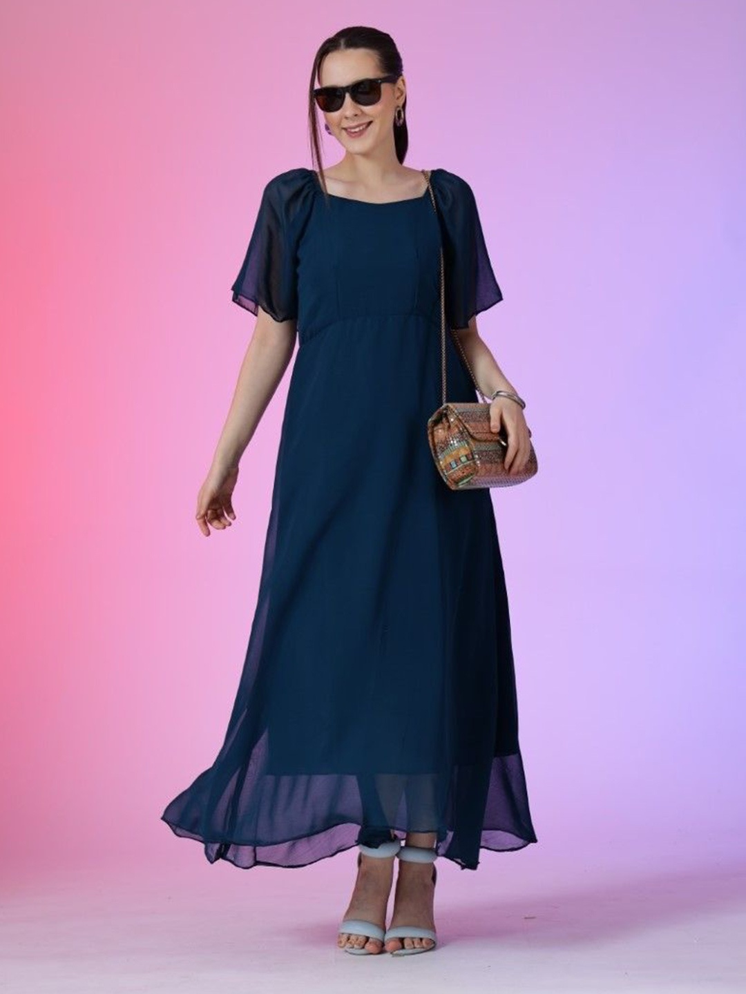 

Femvy Women Bell Sleeve Georgette Fit & Flare Maxi Dress, Blue