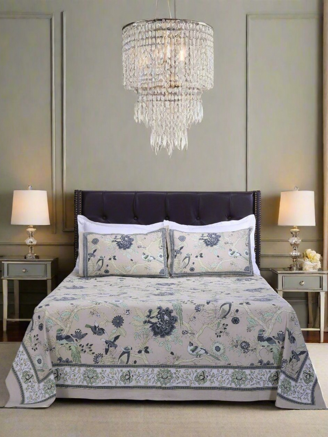 

SHAHENAZ Beige & Navy Blue Floral Cotton 120 TC Queen Bedsheet Set-2.7 m X 2.25 m