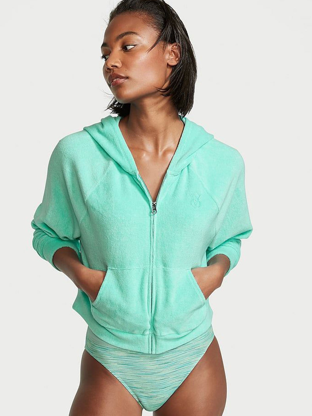 

Victoria's Secret Women Hooded Crop Sweatshirt, Sea green