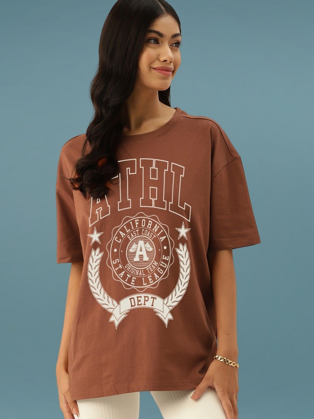 

DressBerry Women Varsity Printed Drop-Shoulder Sleeves T-shirt, Brown